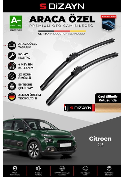 S-dizayn Citroen C3 Ön Cam Silecek Seti 2016 Üzeri Premium Araca Özel 65-40 Cm A+ Kalite