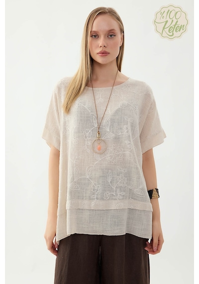 Vitrin %100 Keten Çiçekli Oversize Bluz Bej
