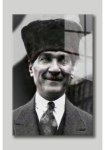 Atatürk Şapkalı Portre Cam Tablo - Ofis Dekorasyon - 4 Mm Kırılmaz Temperli Duvar Tablosu - Ev Dekor