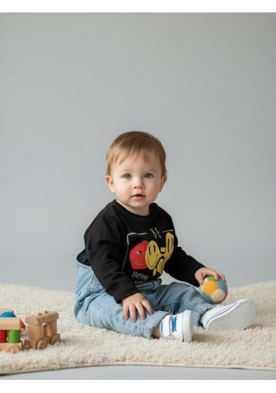 Zekids Erkek Bebek Pamuklu Emoji Baskılı İnce Uzun Kollu T-shirt-12532 Siyah