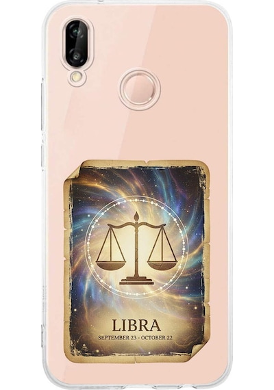 Huawei P20 Lite İle Uyumlu Burç Kartları Terazi Tasarımlı Şeffaf Silikon Kılıf Şeffaf