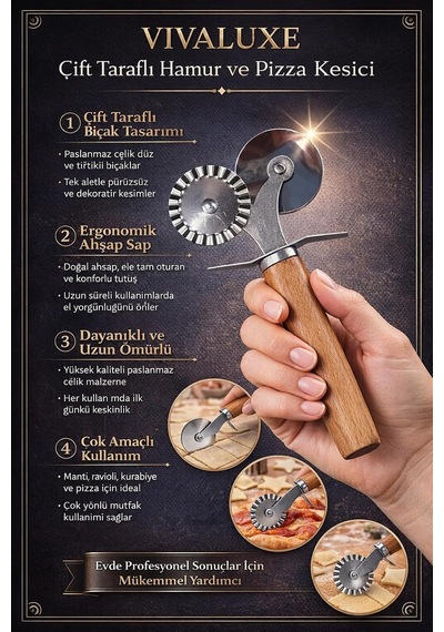 Ayrex Vıvaluxe Çift Taraflı Paslanmaz Çelik Hamur Ve Pizza Kesici, Tırtıklı Ve Düz Bıçaklı, Ergonomik Ahşap S Diğer