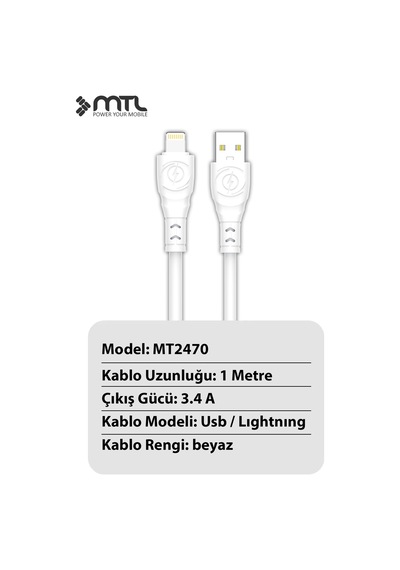3.4a Usb To Apple Uyumlu iPhone Lightning Extra Yumuşak Dayanıklı Data Ve Şarj Kablosu Mt2470