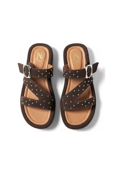 Ne&ve Shoes Kahve Süet Hakiki Deri Pimli Çapraz Bantlı Kadın Kalın Kaplama Tabanlı Sandalet Terlik Kahverengi