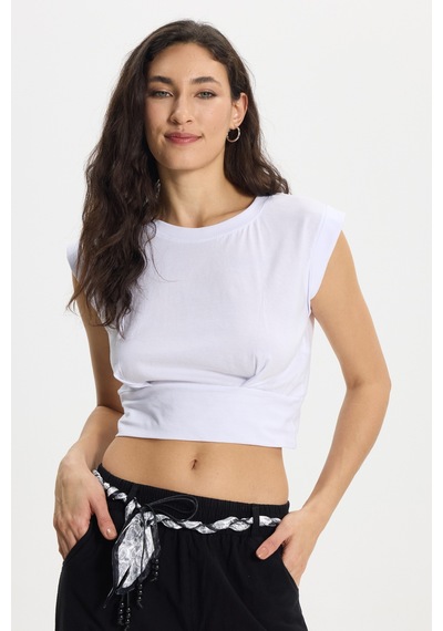 Tudors Kadın Slim Fit %100 Pamuk Pileli Yumuşak Doku Beyaz Bisiklet Yaka Crop Bluz-50392 Tudors Kadın Slim Fit %100 Pamuk Pileli Yumuşak Doku Beyaz Bisiklet Yaka Crop Bluz-50392