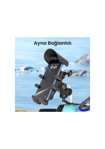Ayna Bağlantılı Güneş Ve Yağmur Korumalı 360 Derece Ayarlanabilir Motosiklet Telefon Tutucu -