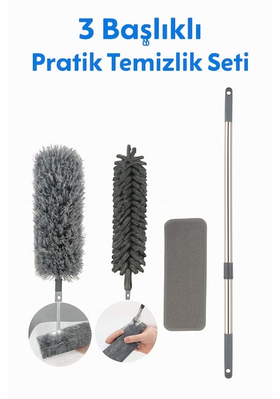 Nobera 3 Başlıklı Uzun Saplı Mikrofiber Temizlik Seti Yüksek Ve Dar Alanlar Için Ideal
