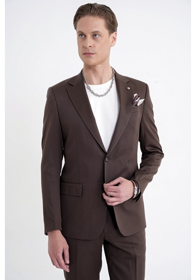 Efor Slim Fit Mono Yaka %97 Tencel Kumaş Çift Yırtmaç Esnek Kahverengi Takım Elbise Tk 941