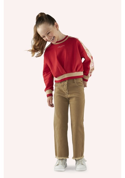 Panço Kız Çocuk Kolları Parça Detaylı Kırmızı Sweatshirt Çok Renkli