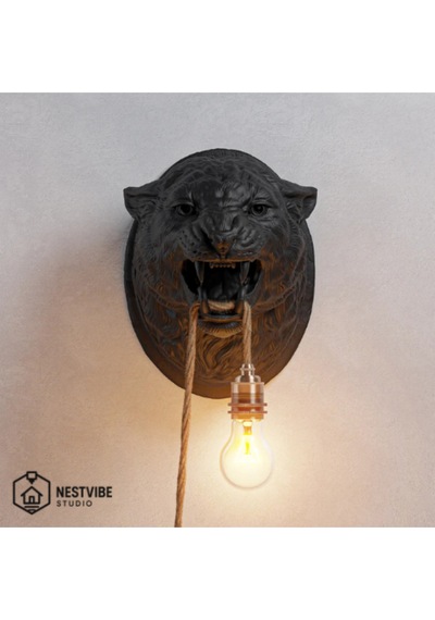 Leopar Başlı Şık Ve Modern Duvar Lambası Nestvibe Özel Seri Siyah