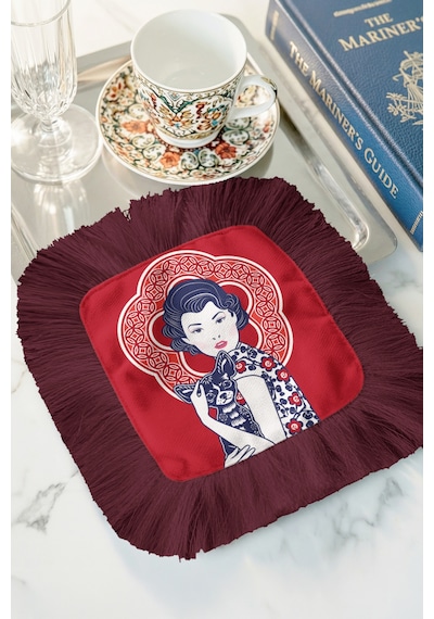 Vintage Kadın Portreli Saçaklı Sunum Peçetesi - Modern Retro Bordo Kırmızı Kahve Yanı Sunum Mendili Gün Batımı Kireçtaşı