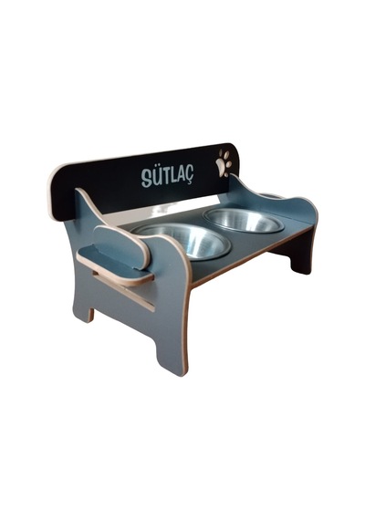 Özel İsimli, Ahşap, Kademeli, Eğimli, Çelik Kaseli, Kedi-köpek Mama Ve Su Kabı Stantı -2 350 Ml