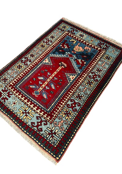 El Dokuma Sıfır Yörük Halısı Seccade 93x135 Turkuaz Yün Namazlık
