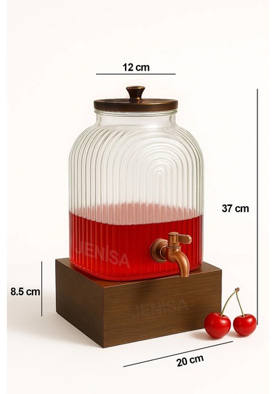 6 Litre Ahşap Standlı Musluklu Cam Şerbetlik Sebil Limonatalık İçecek Dispenseri Şeffaf