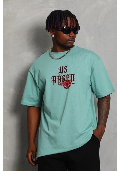 Erkek Baskılı Tişört Kısa Kol Bisiklet Yaka Oversize T-shirt - Mint Yeşili
