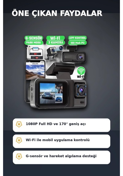 1080p Full Hd 3 Kameralı Wi-fi Araç İçi Yol Kayıt Kamerası Seti 170 Derece Park Modlu
