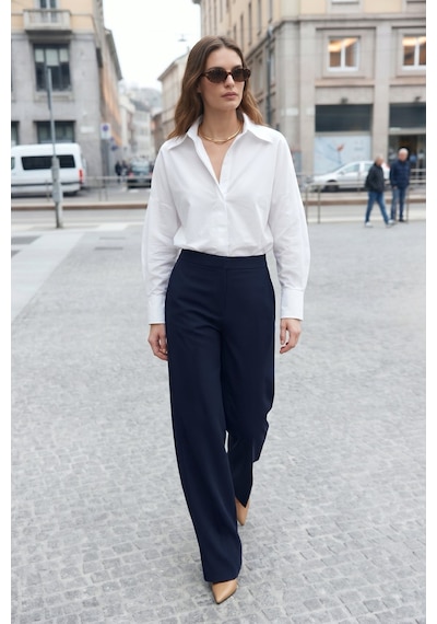 Sateen Bol Paça Pantolon - Lacivert-137470
