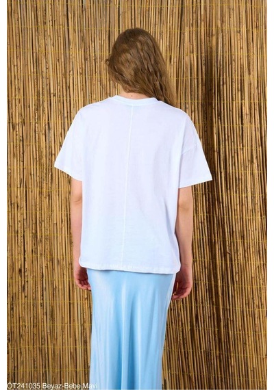 Kadın Beyaz-Mavi Love Baskılı Oversize %100 Pamuk T-Shirt