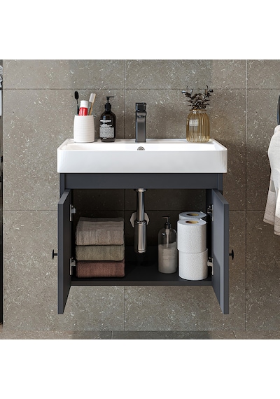 Ada Lavabolu Mat Suntalam Banyo Alt Dolabı 60 Cm Antrasit