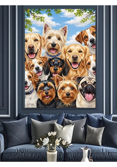 Ahşap Tablo Farklı Cins Köpeklerin Grup Portresi