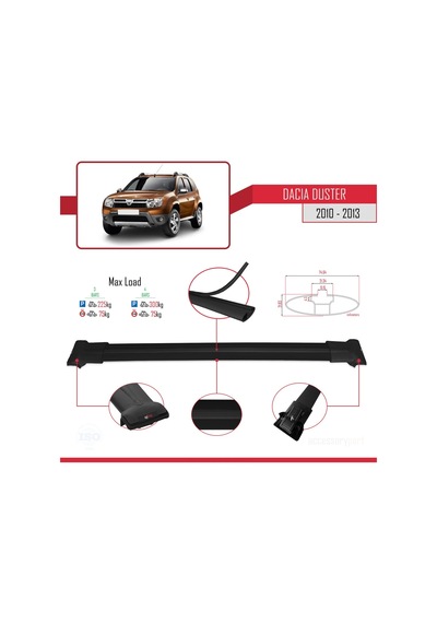 Dacia Duster 2010-2013 Arası İle Uyumlu Fly Model Ara Atkı Tavan Barı Siyah 3 Adet Bar