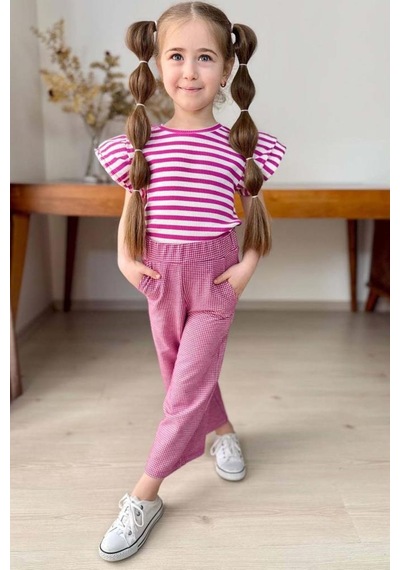Riccotarz Kız Çocuk Yatay Çizgiler Kolsuz Omuzları Fırfırlı Bluz Pötikare Kumaş Pantolon Pembe Alt Üst Takım Pembe Riccotarz Kız Çocuk Yatay Çizgiler Kolsuz Omuzları Fırfırlı Bluz Pötikare Kumaş Pantolon Pembe Alt Üst Takım Pembe