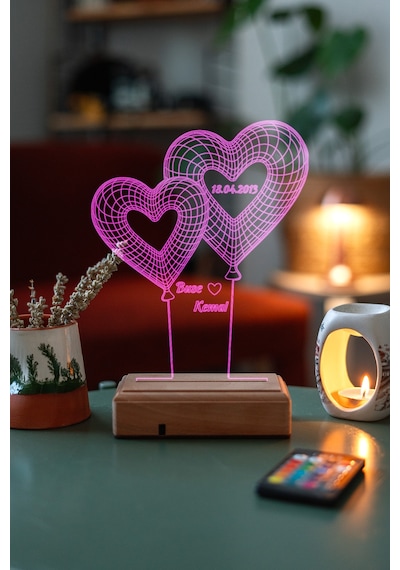 Kişiye Özel 3D 2 Kalpli Balon Masaüstü Led Lamba