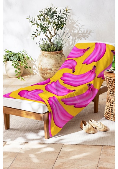 Muz Desenli Tropikal Sarı Pembe Plaj Havlusu - Modern Pop Art Yazlık Hızlı Kuruyan Mikrofiber Havlu Çok Renkli