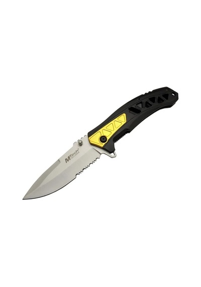 Mtech 4191 Sarı Kamp Çakı 21cm - Yarı Otomatik, Kemerlikli, Testere Detaylı, Desenli Sap