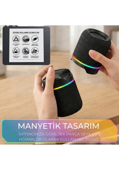 Taşınabilir Bluetooth Hoparlör Sound-twin 10w Tws Stereo Manyetik Özellikli İki Parçaya Ayrılabilen Rgb Işıklı Ipx6 Suya Dayanıklı Type-c Şarjlı Kablosuz Speaker Siyah