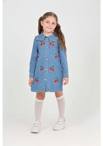 Moonch Kız Çocuk Kiraz Desenli Kot Elbise Mavi