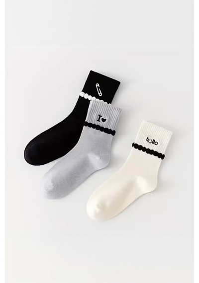 Hitit Socks Kadın 5 Çift Premium Kalite Şerit Kabartmalı Ataç Hello Love Desenli Kolej Çorap Asorti