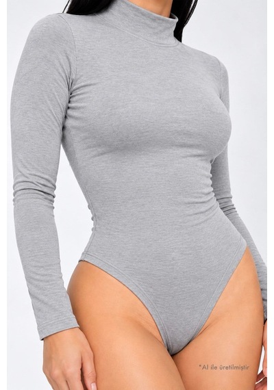 Cottonhıll Premium - Drape Collection Gri Melanj Viskon Balıkçı Yaka Uzun Kollu Çıtçıtlı Kadın Bodysuit