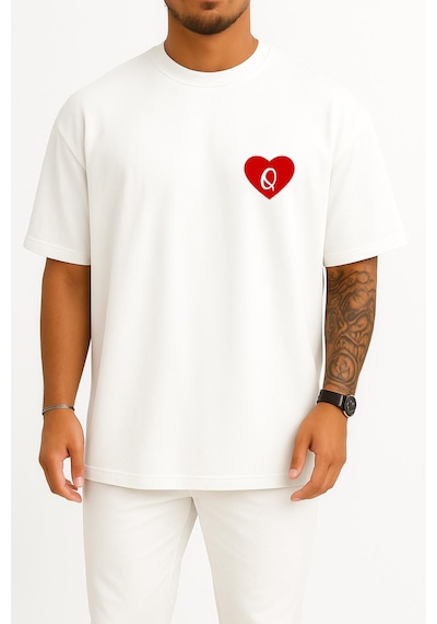 Bahriyeli Collection Oversize Sevgililer Günü Özel Kalp İçinde Q Harfi Cep Baskılı Unisex T-shirt Beyaz