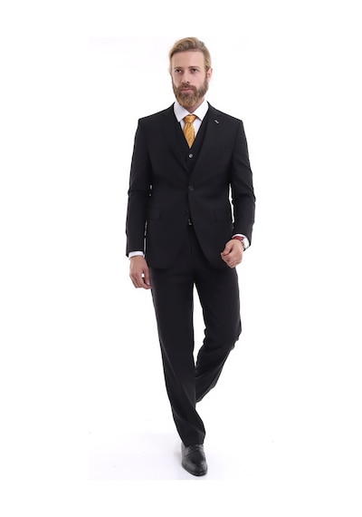 Presto Erkek Yelekli Slimfit Kareli Takım Elbise 6 Drop Siyah 707-011 Siyah