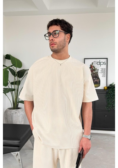 Bej İnce Fitilli Oversize Tişört Bej