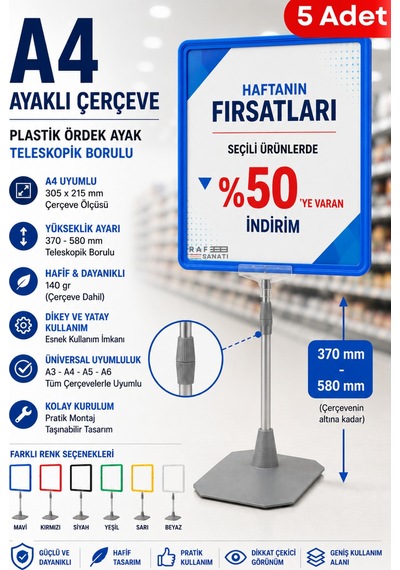 5 Adet - A4 Ayaklı Fiyat Etiketlik Teleskopik Borulu Çerçeve Etiketlik Yönlendirme Levhası Menü Panosu Mavi