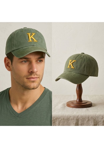 Bk Gift Kişiye Özel Harf Nakışlı Vintage Haki Beyzbol Şapkası Unisex Eskitme Kumaş Metal Tokalı