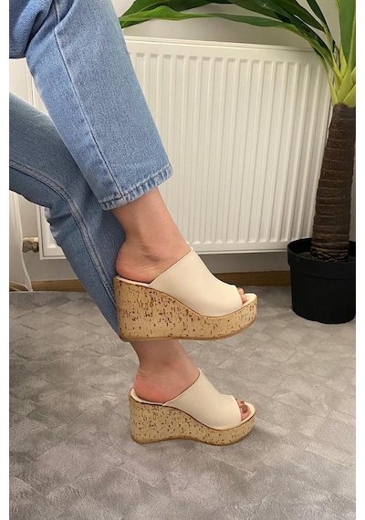 Asmi Shoes Kadın Limo Bej Dolgulu Mantar Taban Terlik 10 Cm Krem Krem