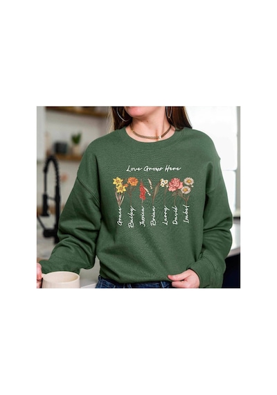 Herkesemoda Sıralı Çiçekler Baskılı 2 İplik Şardonlu Bisiklet Yaka Sweatshirt Yeşil