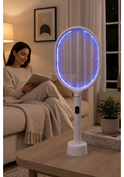 Glr Ltd-718 Beyaz Elektrikli Sinek Raketi 1200mah Bataryalı, Type-c Şarjlı, Dijital Ekranlı Sinek Ö