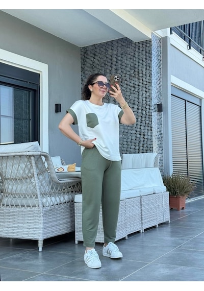 Moderie Butik Kadın Kristal Kumaş Garnili Cep Detaylı Ikili Takım Yeşil