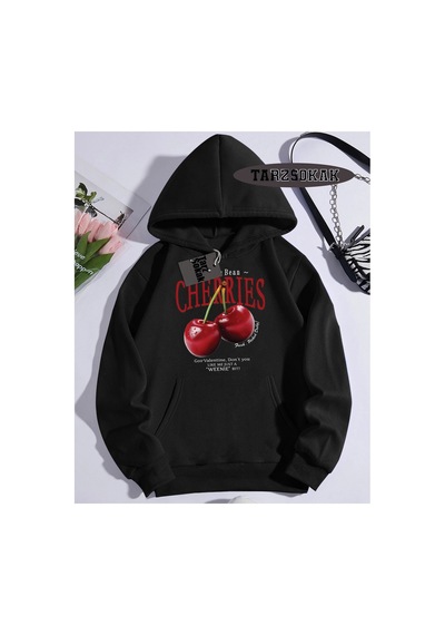 Tarzsokak Kapşonlu Sweatshirt Siyah Red Cherries Özel Tasarım