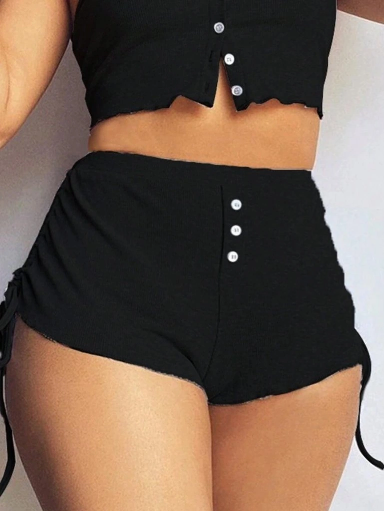 Dogutrend Kadın Ip Askılı Crop Bluz Ve Yanlardan Büzgülü Ikili Kaşkorse Short Takım Siyah