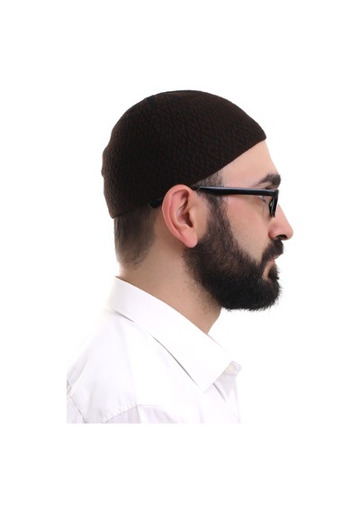 Koyu Kahverengi Kışlık Orlon Namaz Takkesi Baklava Desenli Takke Kahverengi