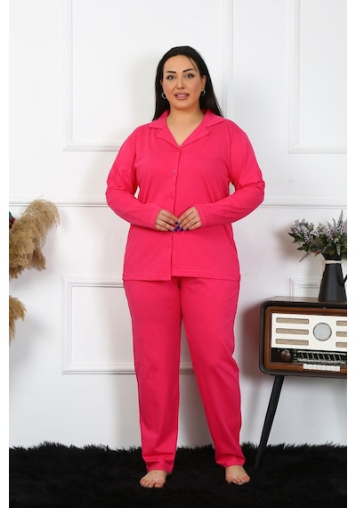 2k Moda Çizgi Kadın Büyük Beden Pamuklu Cepli Düğmeli Fuşya Pijama Takım 202401 001