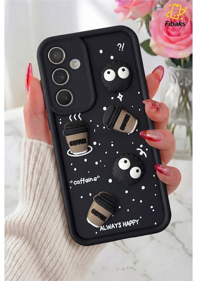 Fibaks Galaxy A54 Uyumlu Kılıf Tasarımlı Desenli Kamera Korumalı Coffee Kurabiye Siyah Yumuşak Silikon Kap