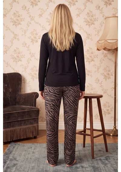 Siyah İnci Siyah Desenli Düğmeli Viskon Örme Pijama Takım 26224676