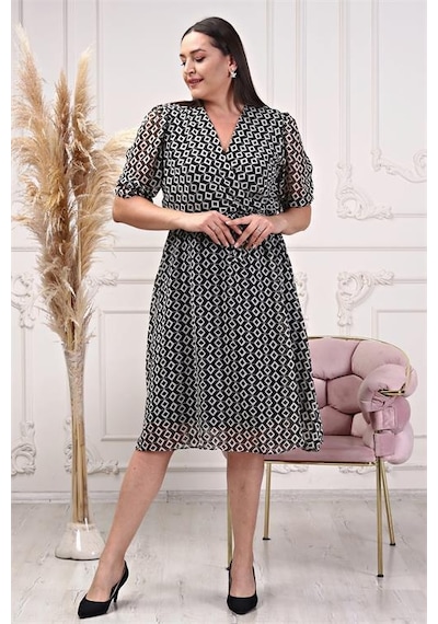 Dip Moda Kadın Kruvaze Yaka Büyük Beden Elbise Dpnb80622 Siyah
