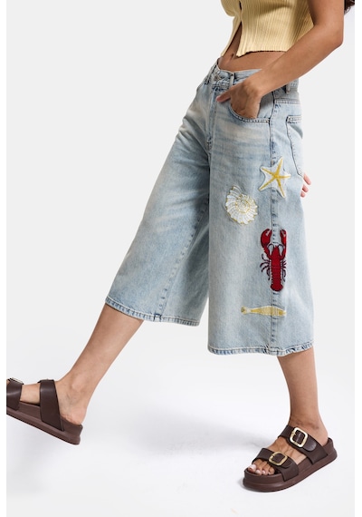 Itsbasic Kadın Kot Rengi 4s6-32 Palazzo Nakış Tasarım Bermuda Denim Jort
